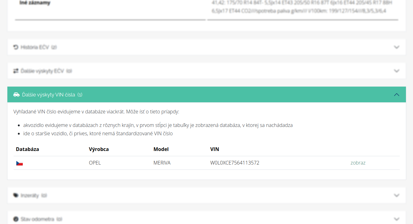 Zobrazenie ďalšieho výskytu VIN čísla